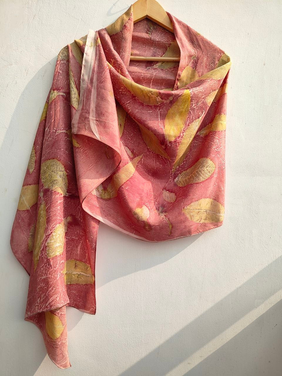 An ecoprinted Silk pink scarf