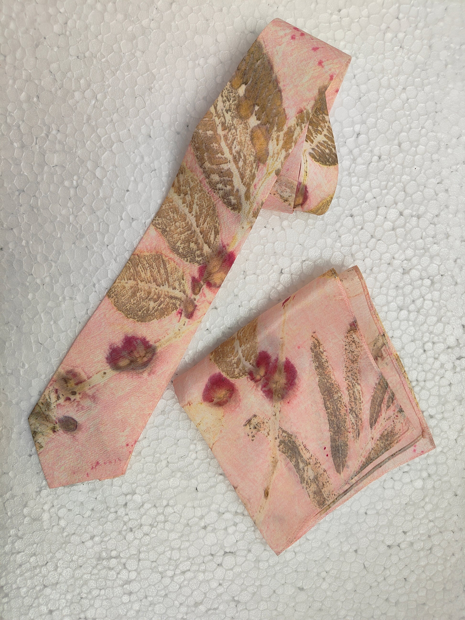 Pink Blush Ecoprinted Pure Silk Tie and Pocket Square
