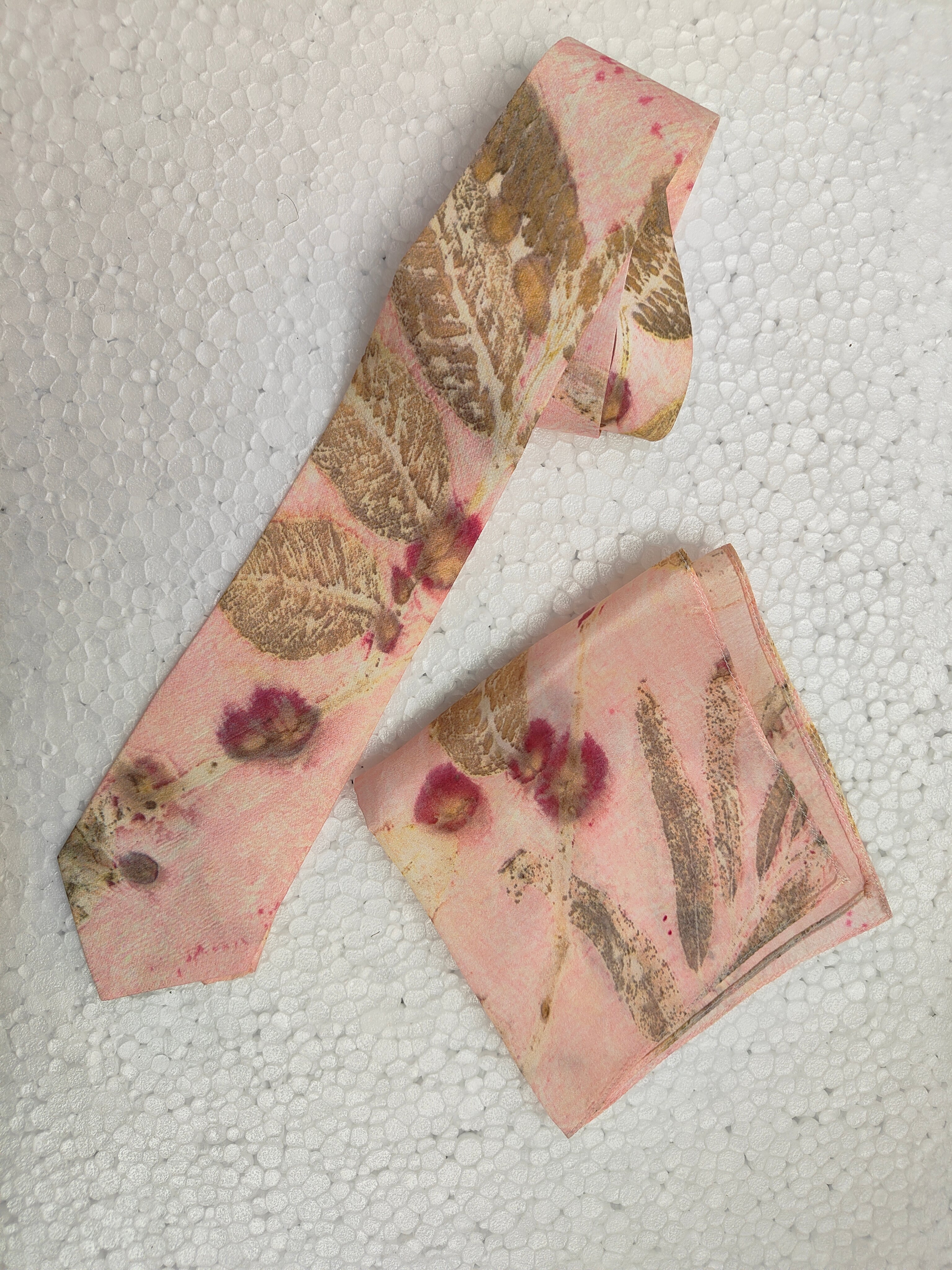 Pink Blush Ecoprinted Pure Silk Tie and Pocket Square