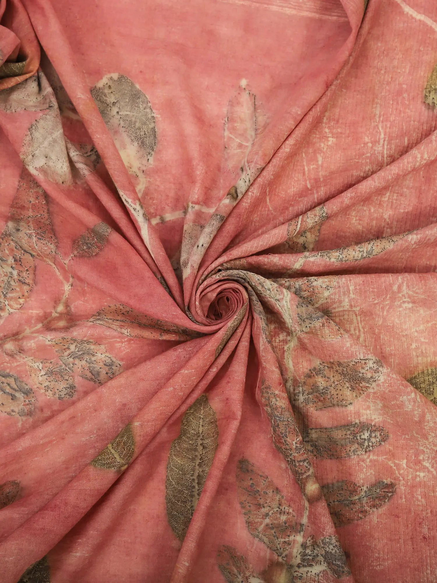 Round view Pink Saree with ecoprinted Guava Leaves kokikar