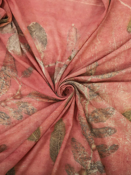 Round view Pink Saree with ecoprinted Guava Leaves kokikar