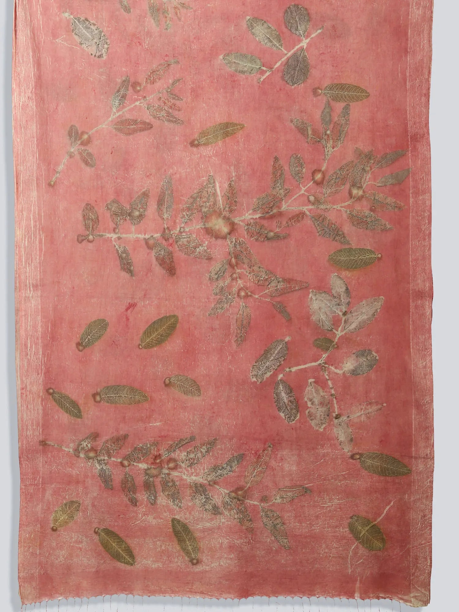 Corner of Pink Saree with ecoprinted Guava Leaves kokikar