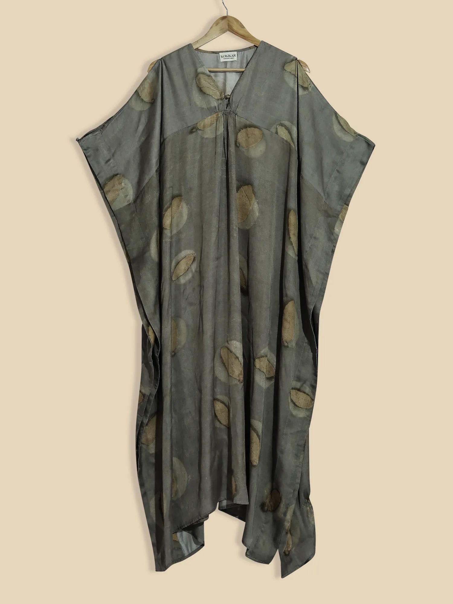 Smoke ecoprinted kaftan on kokikar wall
