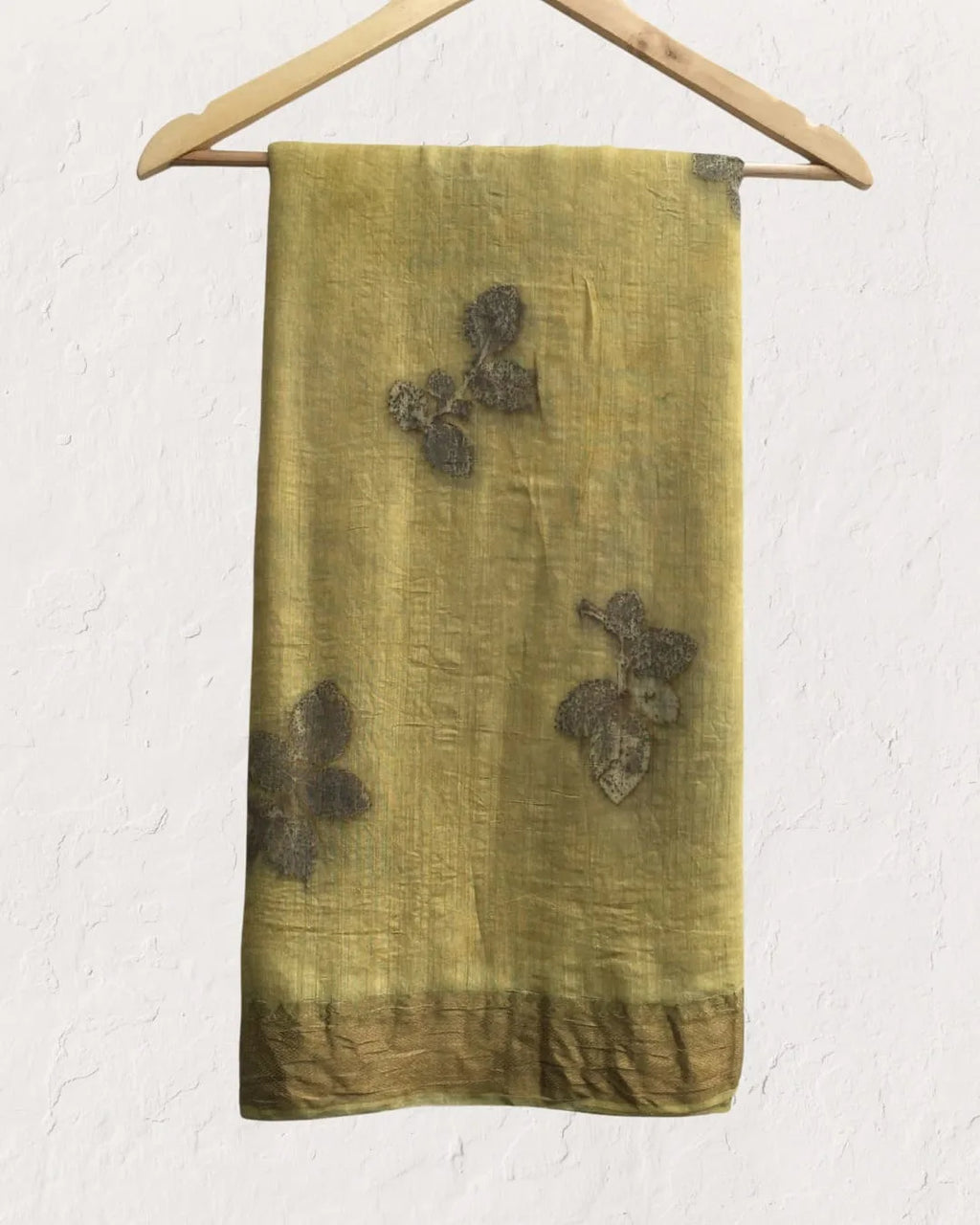Ecoprinted rose leaves on Muga silk saree on hanger kokikar