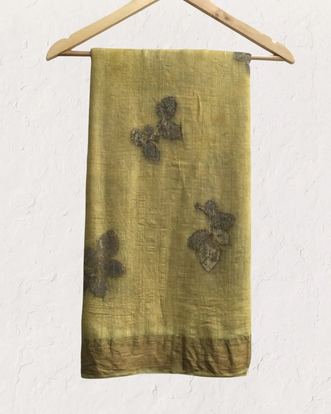 Ecoprinted rose leaves on Muga silk saree on hanger kokikar