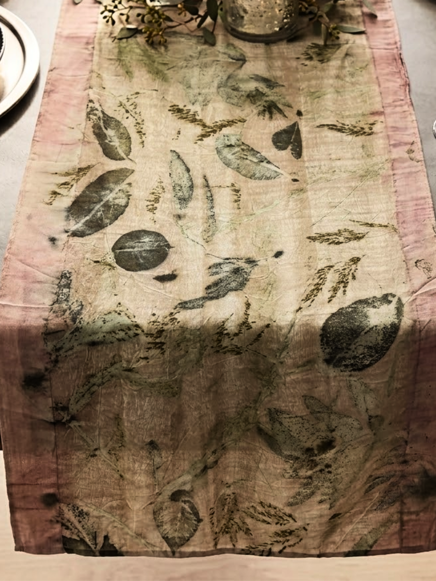 Woodland Trail Eco Printed Linen Table Runner with Botanical Leaf Art