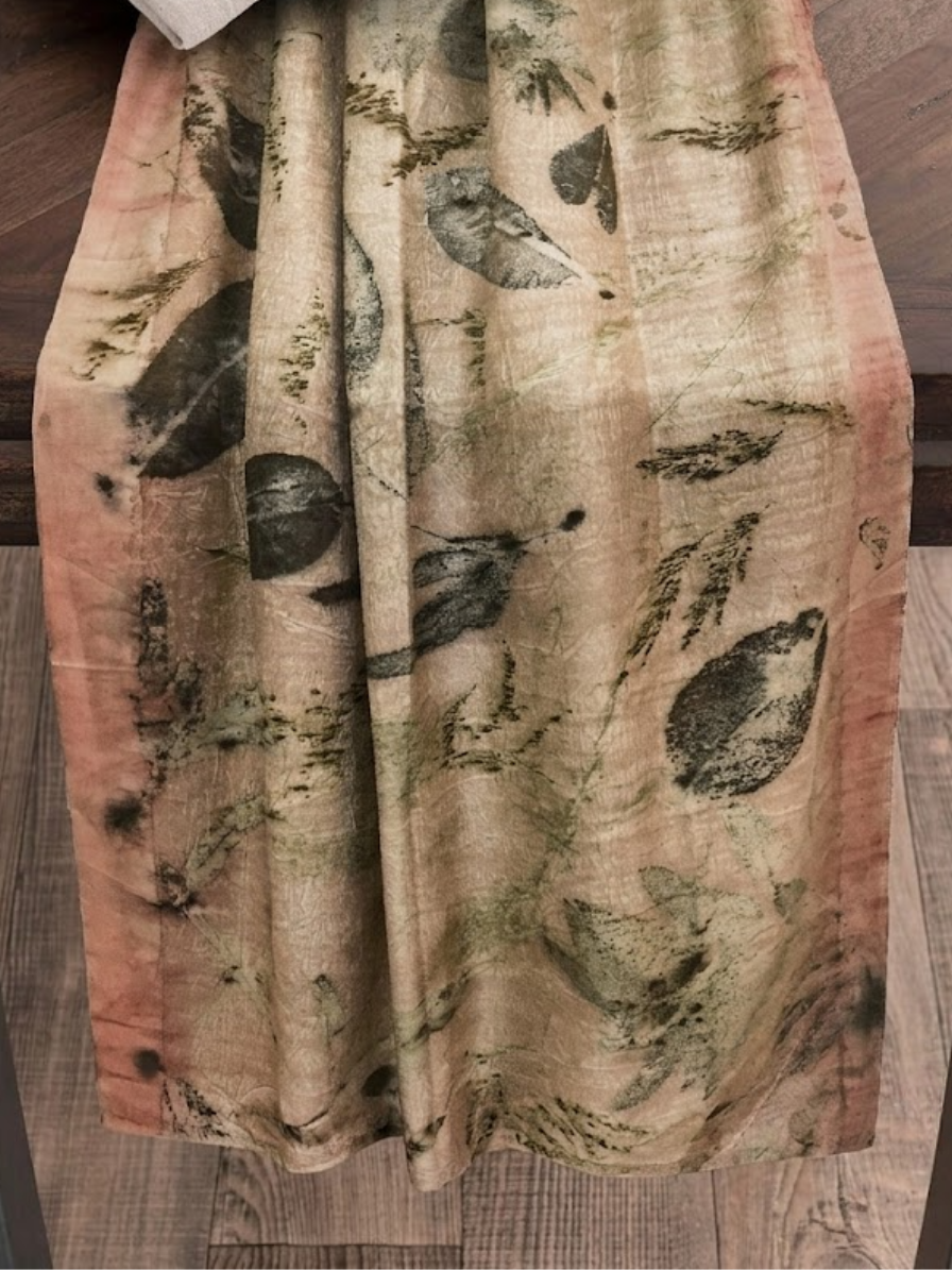 Woodland Trail Eco Printed Linen Table Runner with Botanical Leaf Art