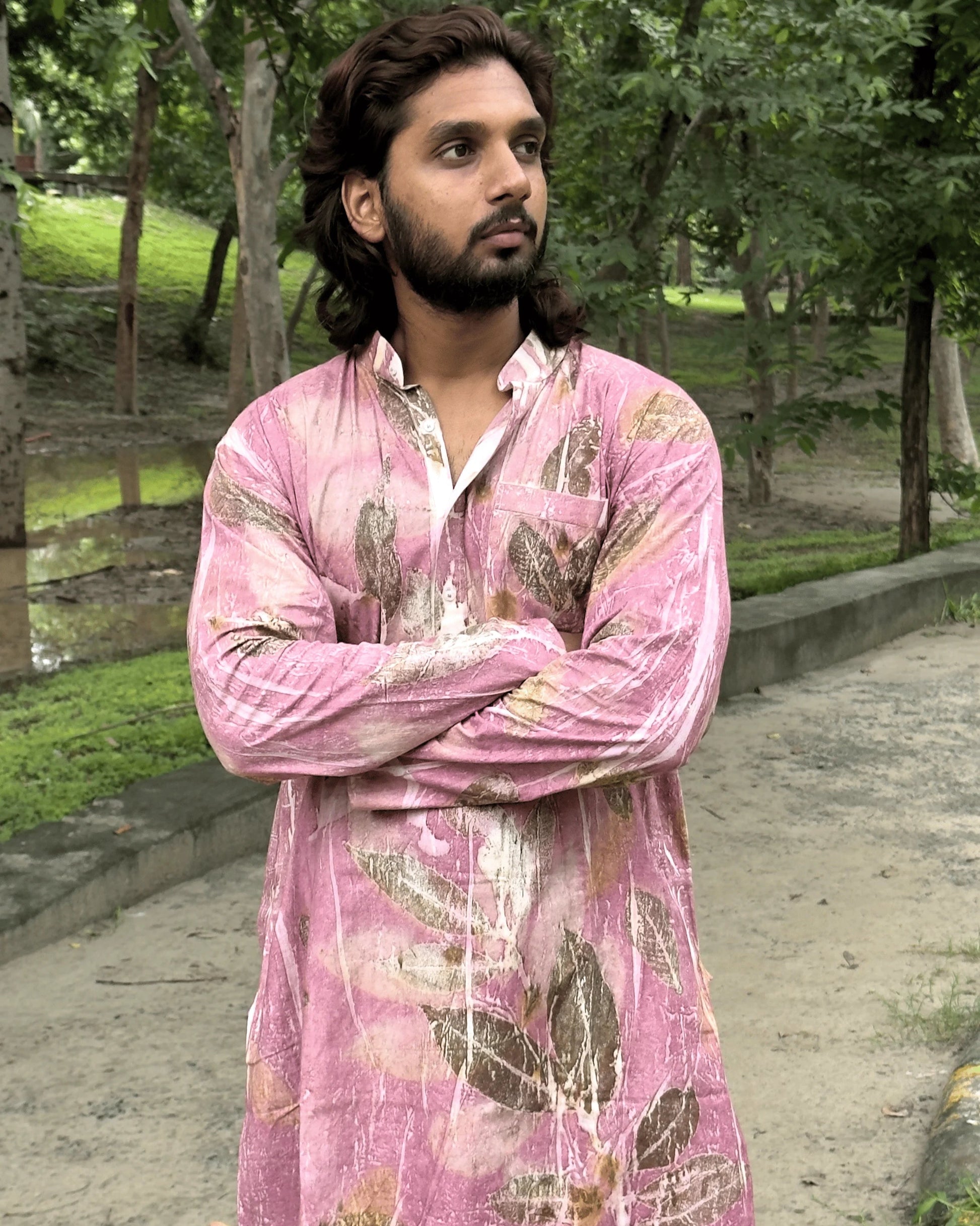 Verdant Ecoprinted Men Cotton Long Kurta fold the hands kokikar