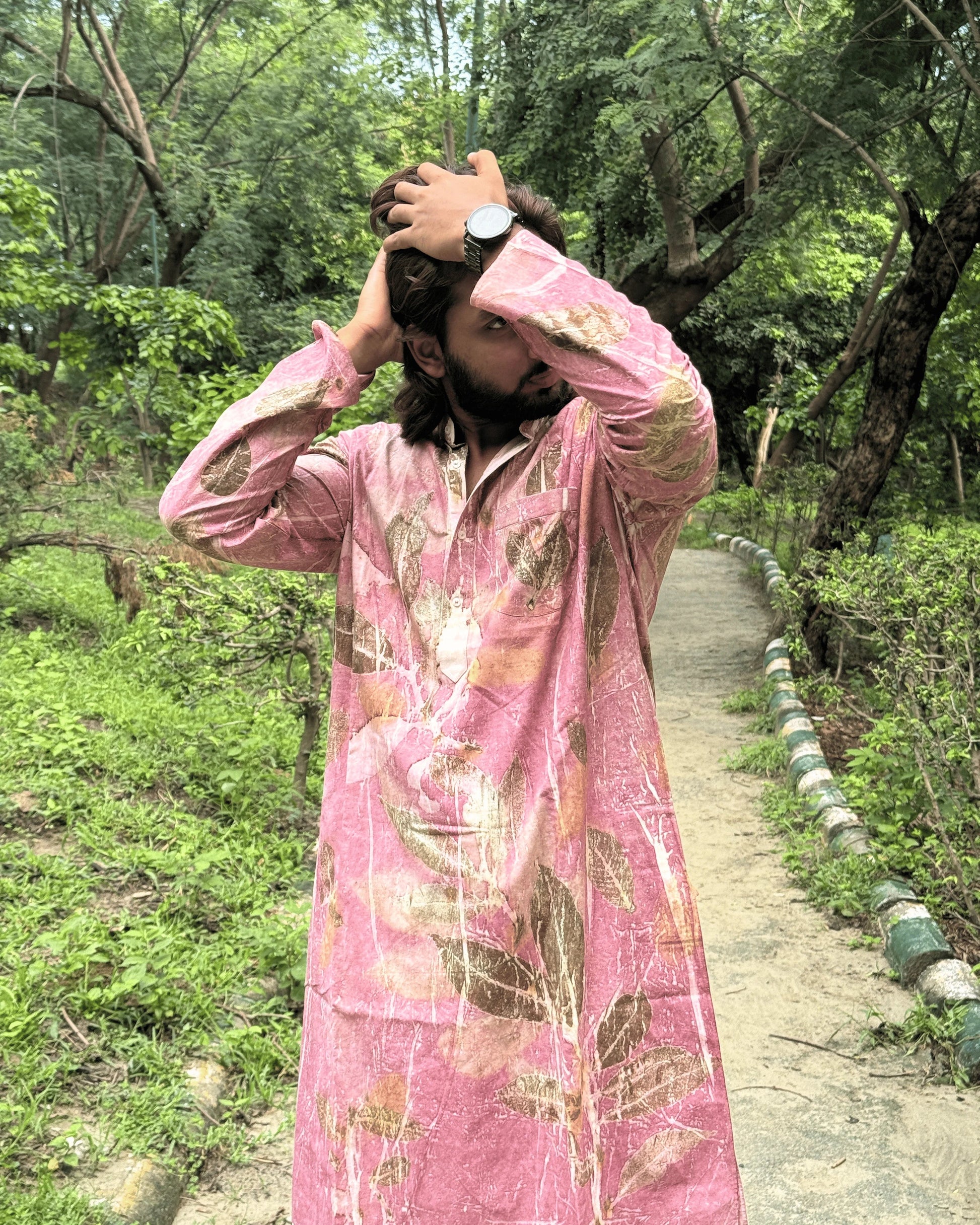 Verdant Ecoprinted Men Cotton Long Kurta styling hair
