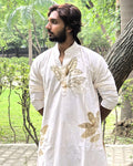 White Floral Threaded Cotton Long Kurta men holding hands behind