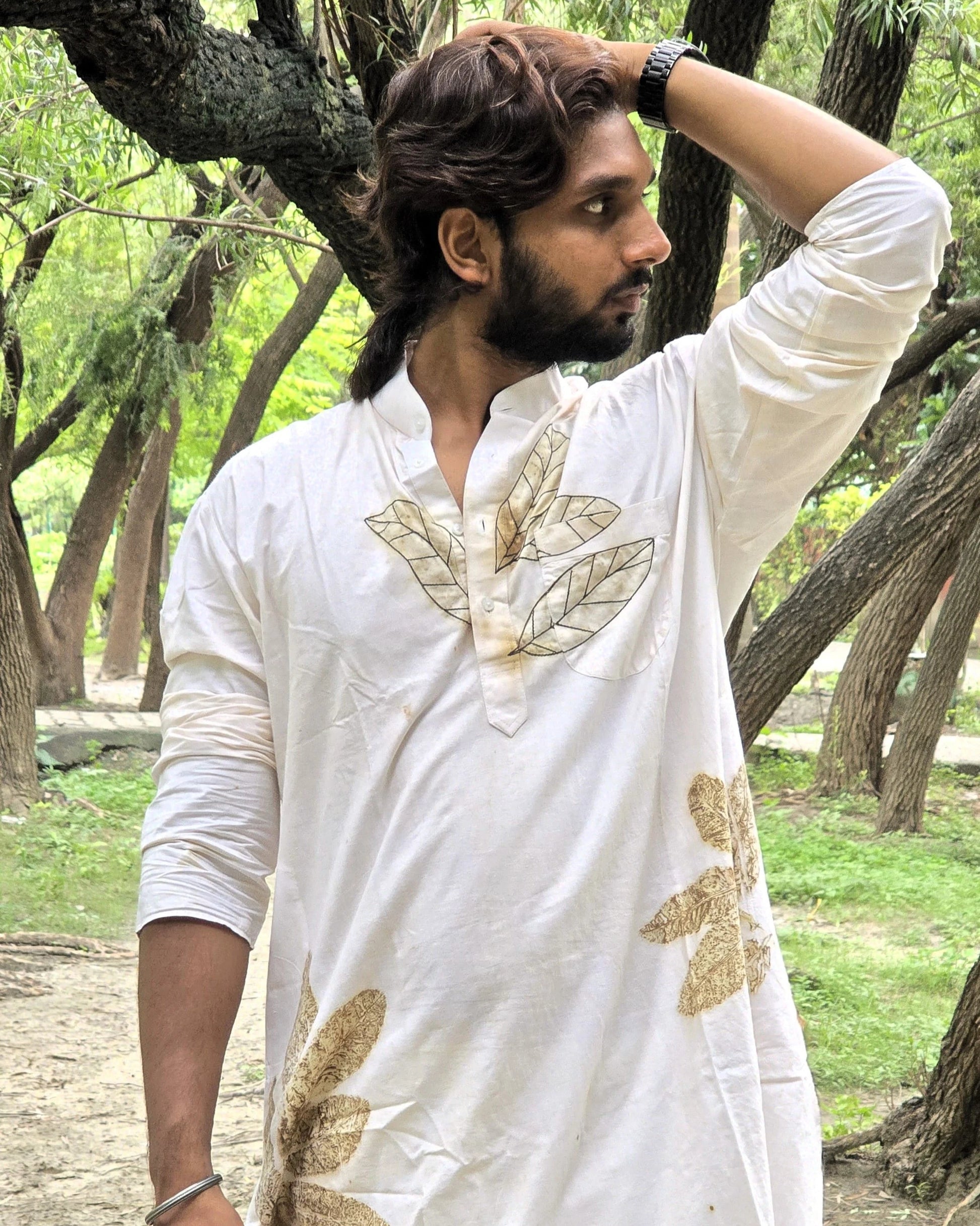 White Floral Threaded Cotton Long Kurta styling hair in kokikar garden