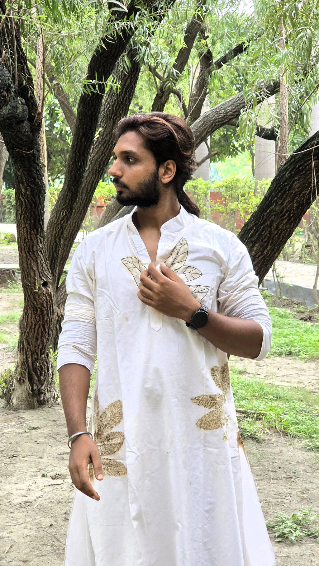 White Floral Threaded Cotton Long Kurta