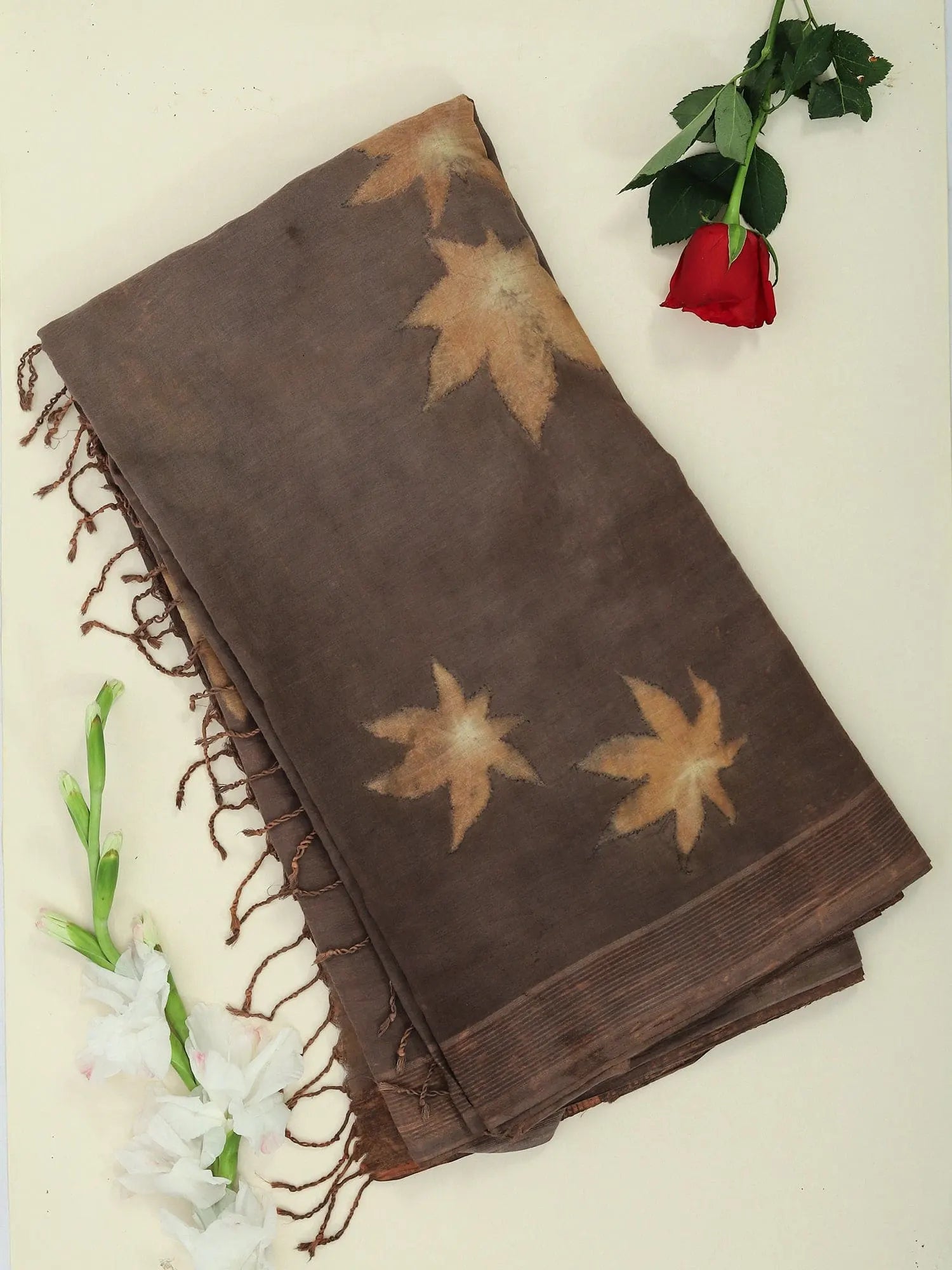 Woodland Mulmul Ecoprinted Cotton Saree on floor
