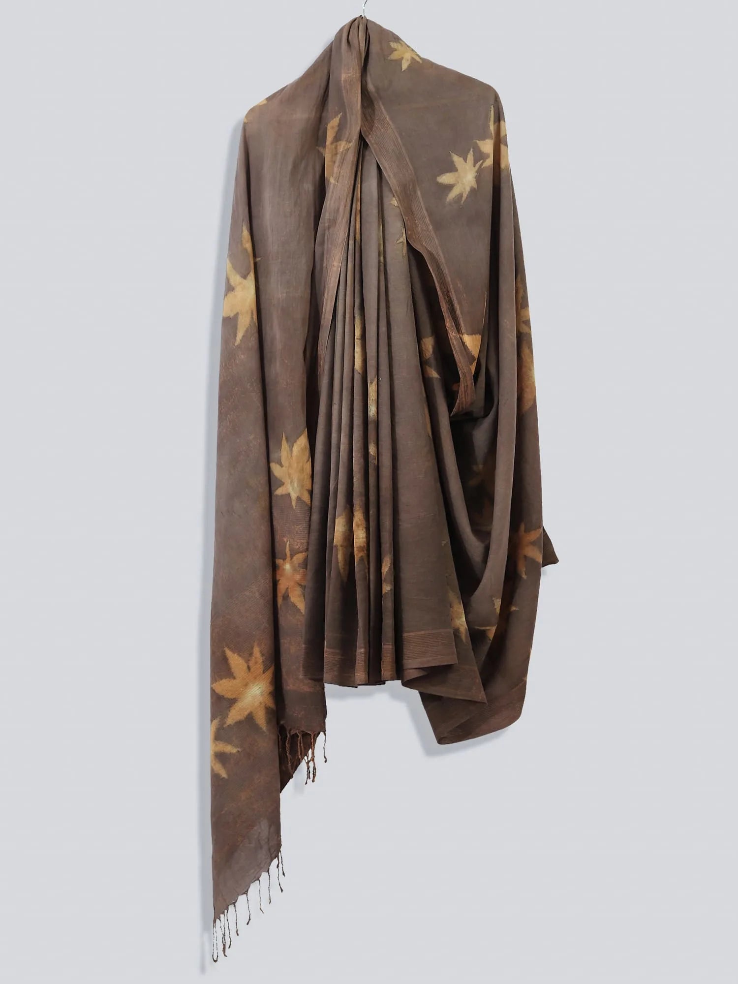 Woodland Mulmul Ecoprinted Cotton Saree on hanger 