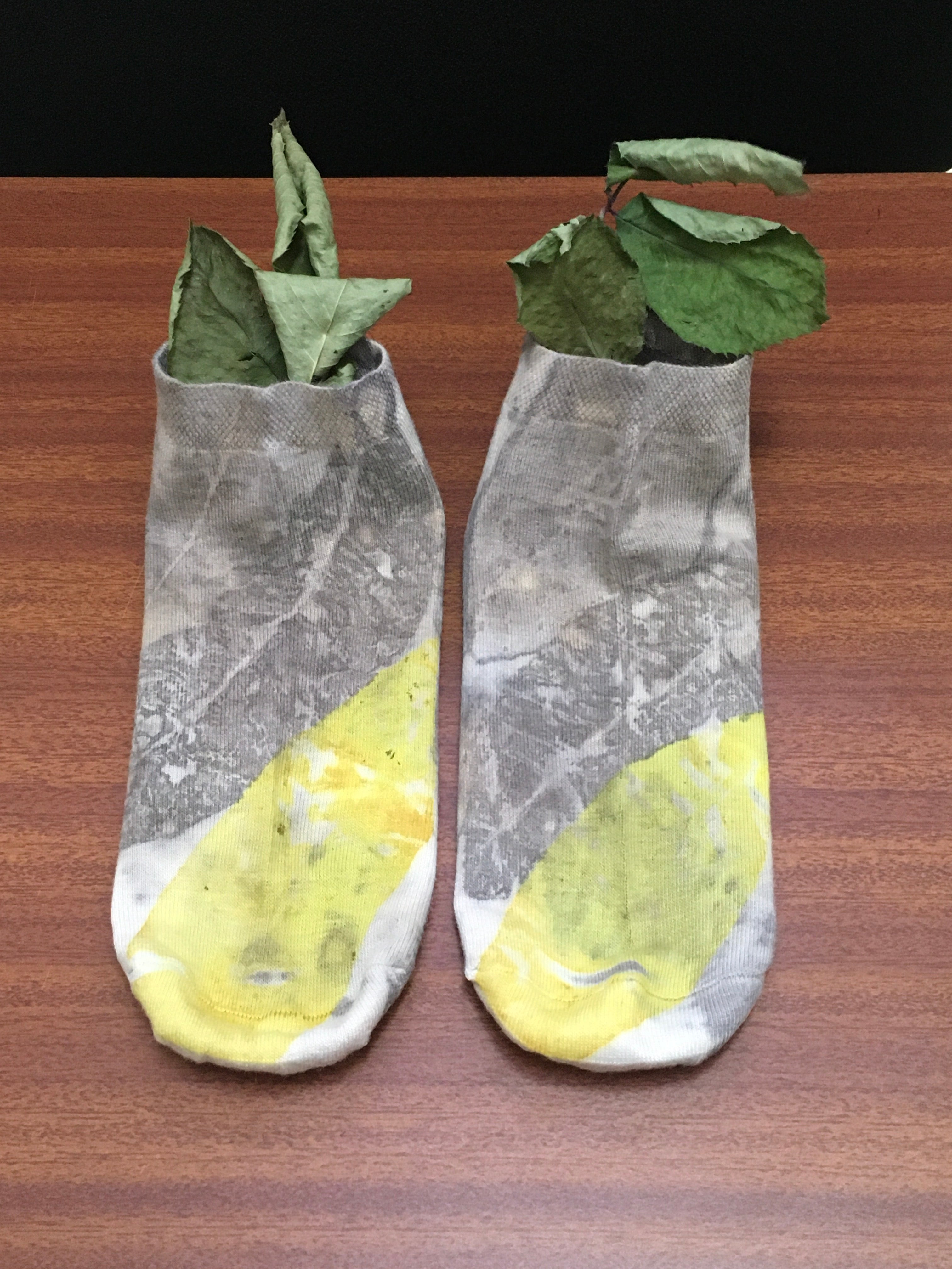 Pair of cotton socks with leaf patterns on a wooden surface