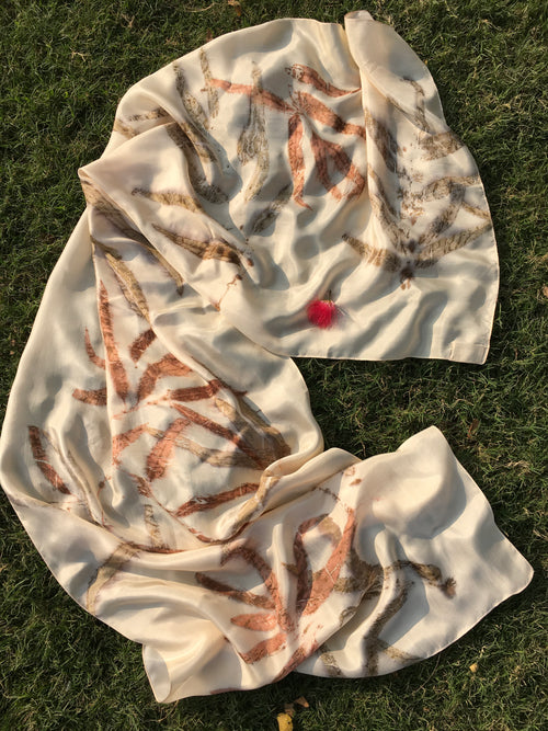 Ecoprinted pure silk scarf with eucalyptus leaves [