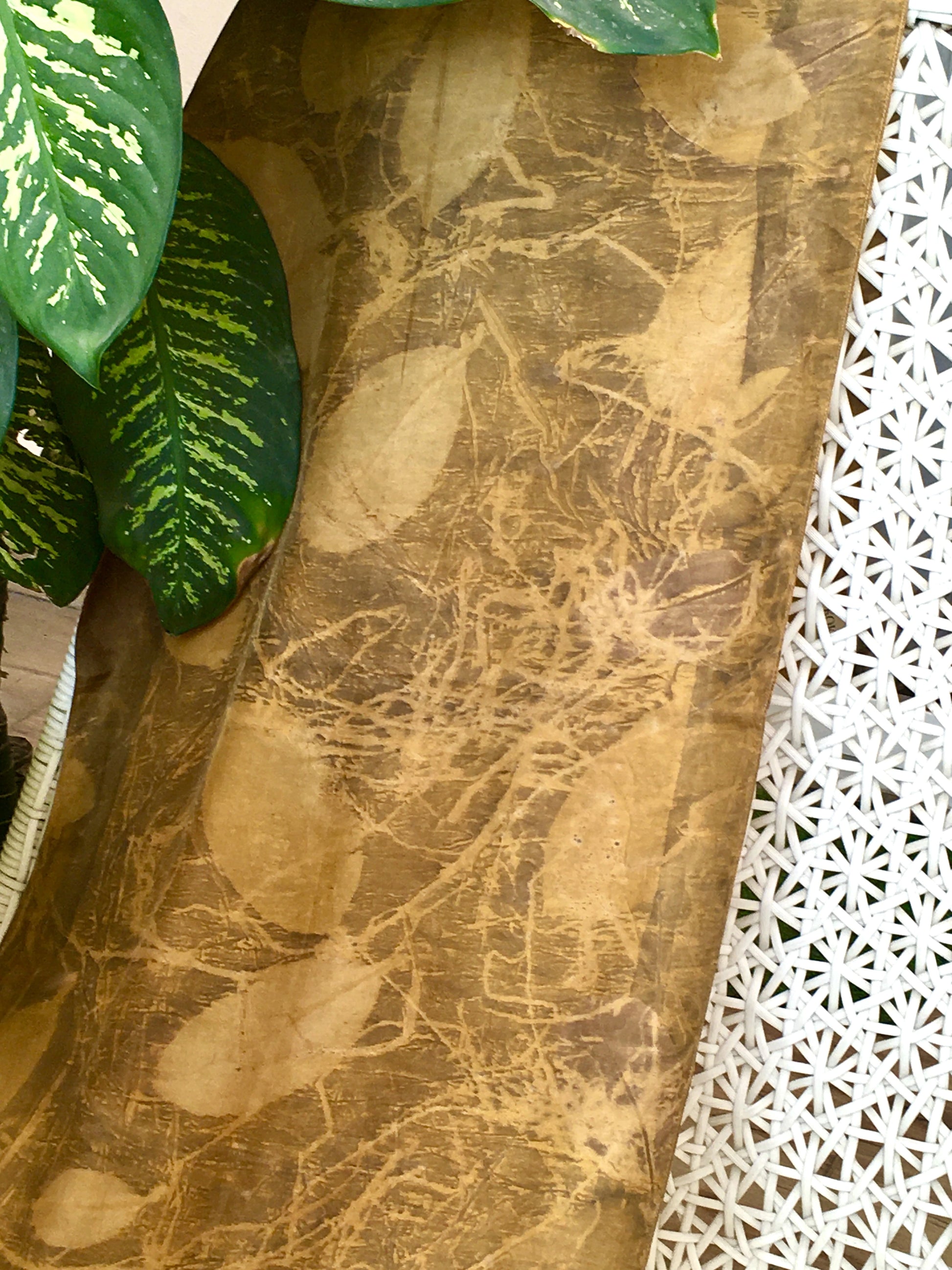 Natural dyed pure silk scarf with eco printed jamun leaves and sustainable botanical design.