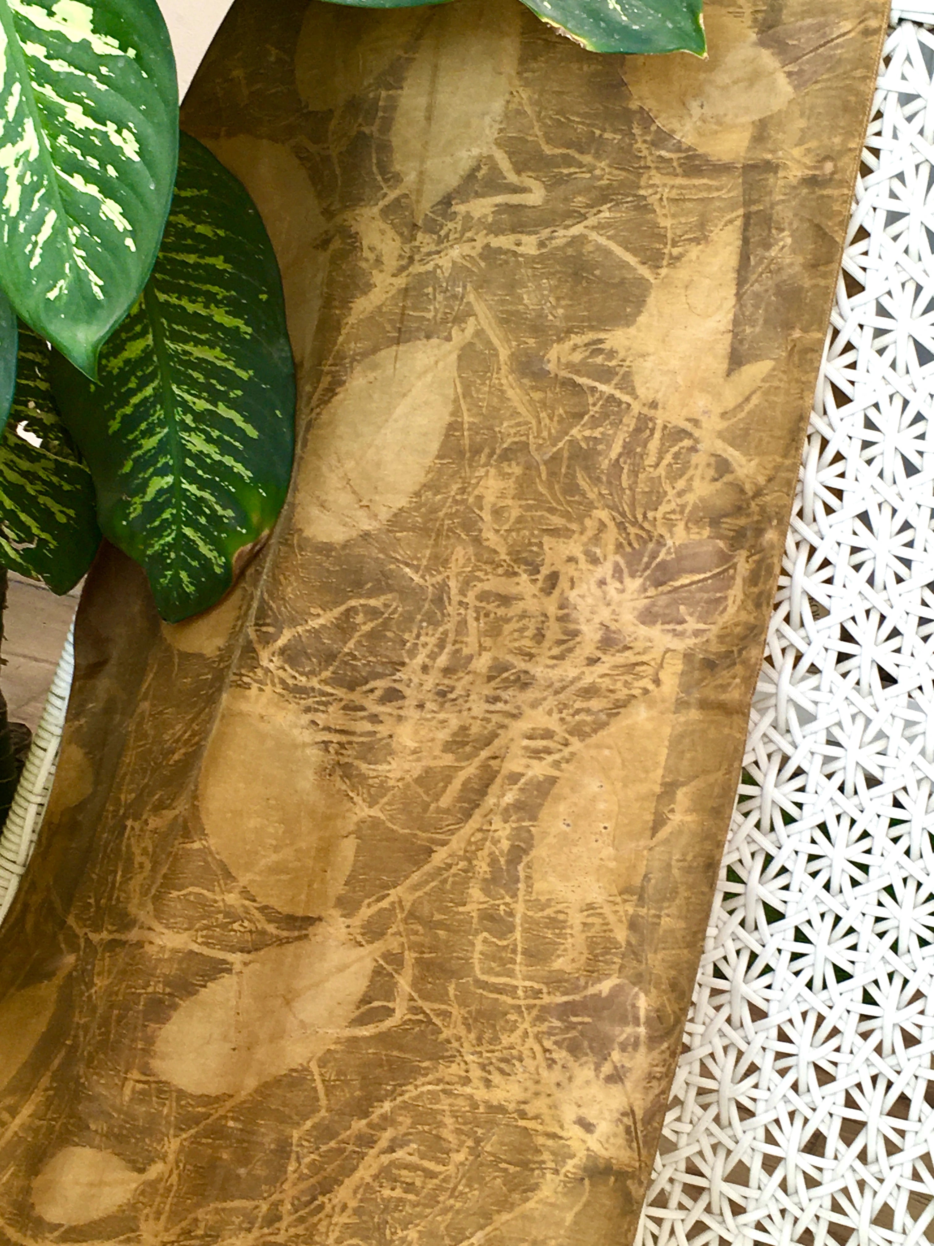 Natural dyed pure silk scarf with eco printed jamun leaves and sustainable botanical design.