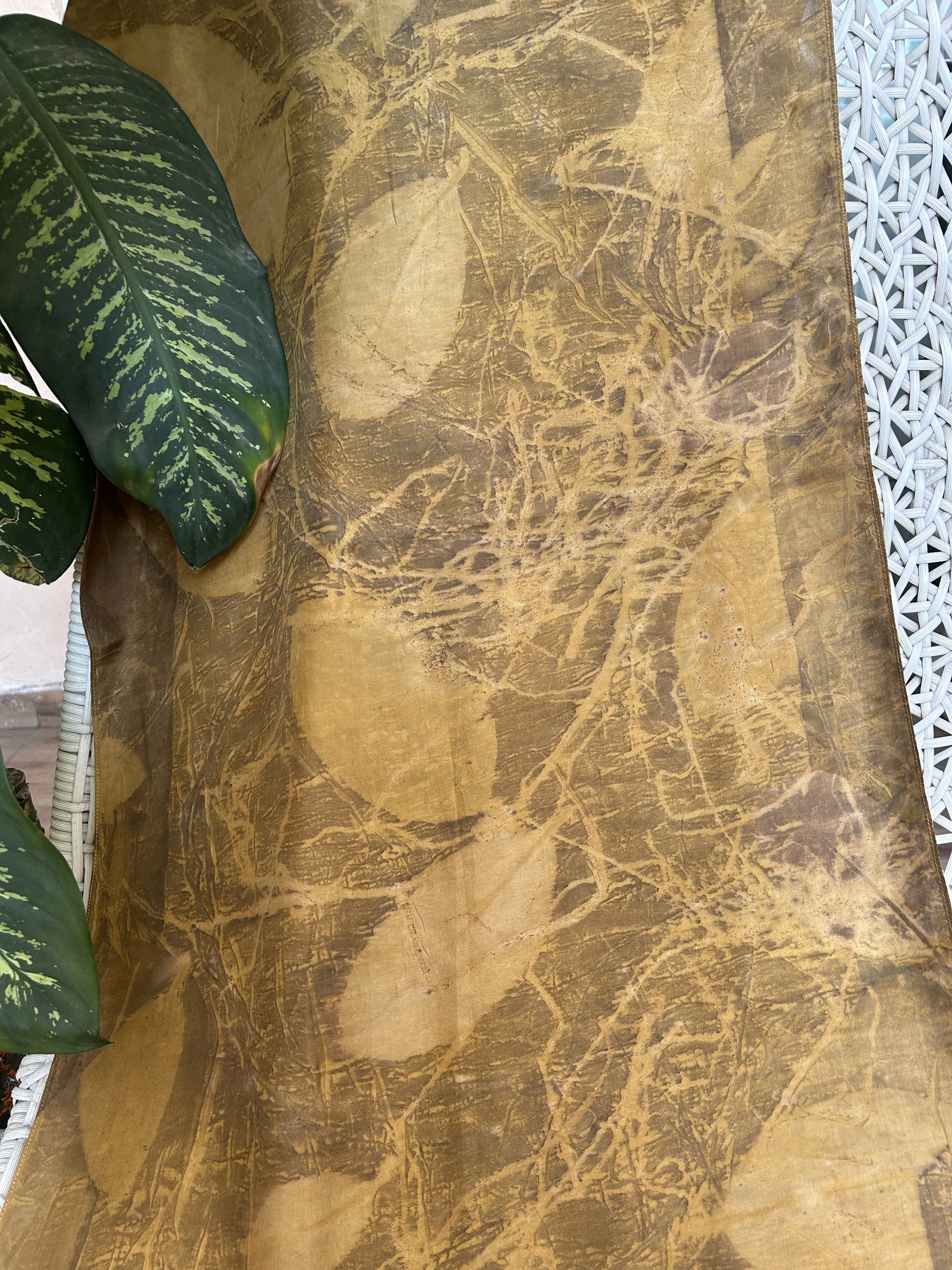 Artisan crafted silk scarf showcasing botanical jamun leaf prints on golden marigold dyed silk.