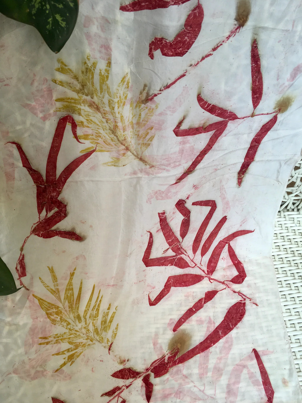 red and yellow leaf patterns on pure silk scarf