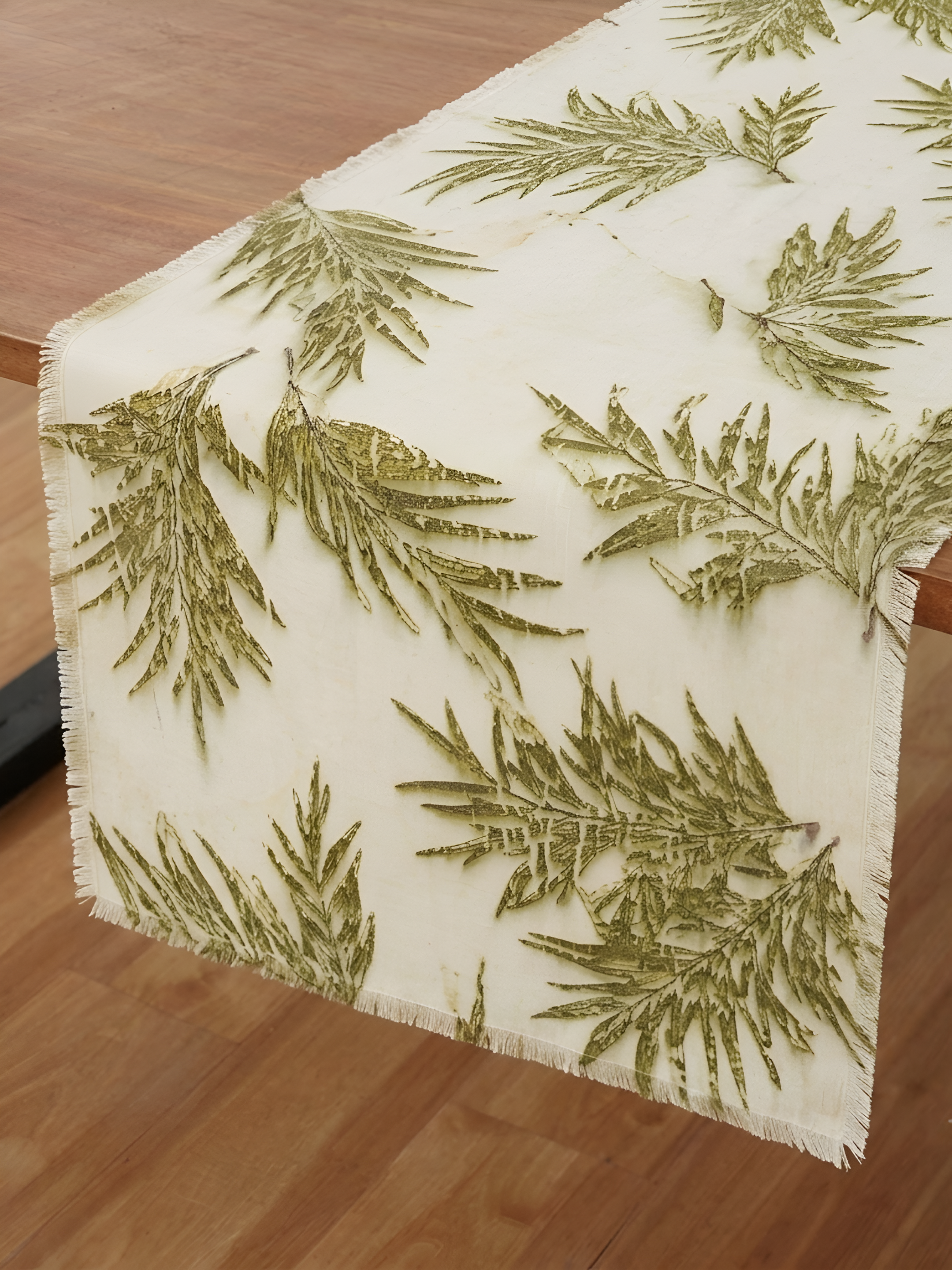 Handcrafted oak leaves eco-printed table runner naturally dyed for sustainable dining table décor