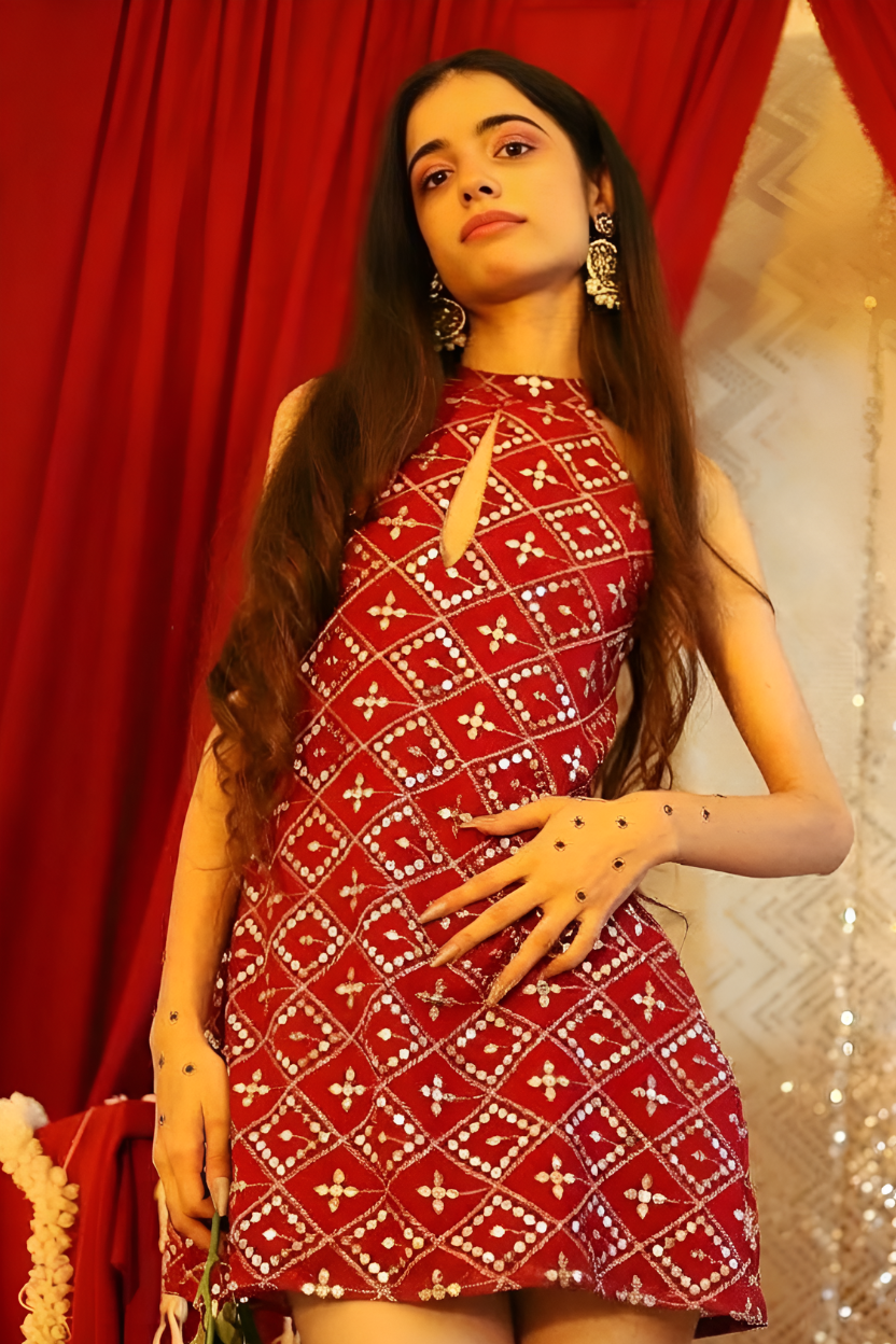 A woman modeling a sleeveless red dress with a white geometric bandhani-style pattern, standing in front of a red curtain backdrop.